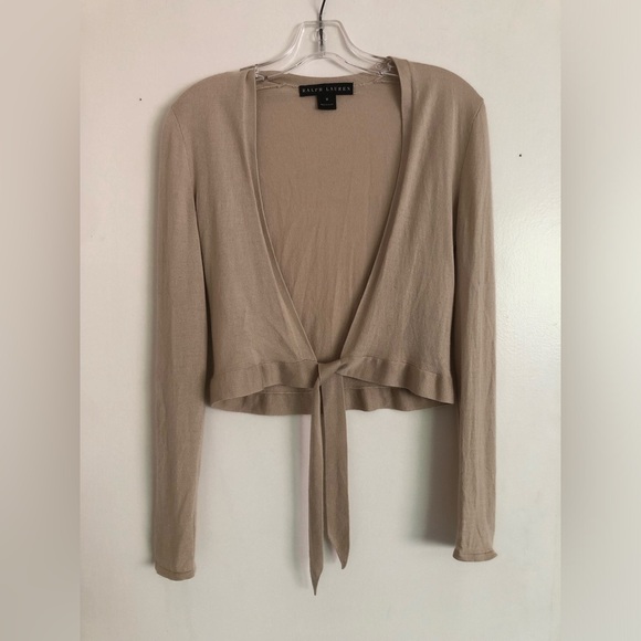 Ralph Lauren Black Label Cashmere Tie Front Cardigan Sweater V Neck Tan - Picture 1 of 9